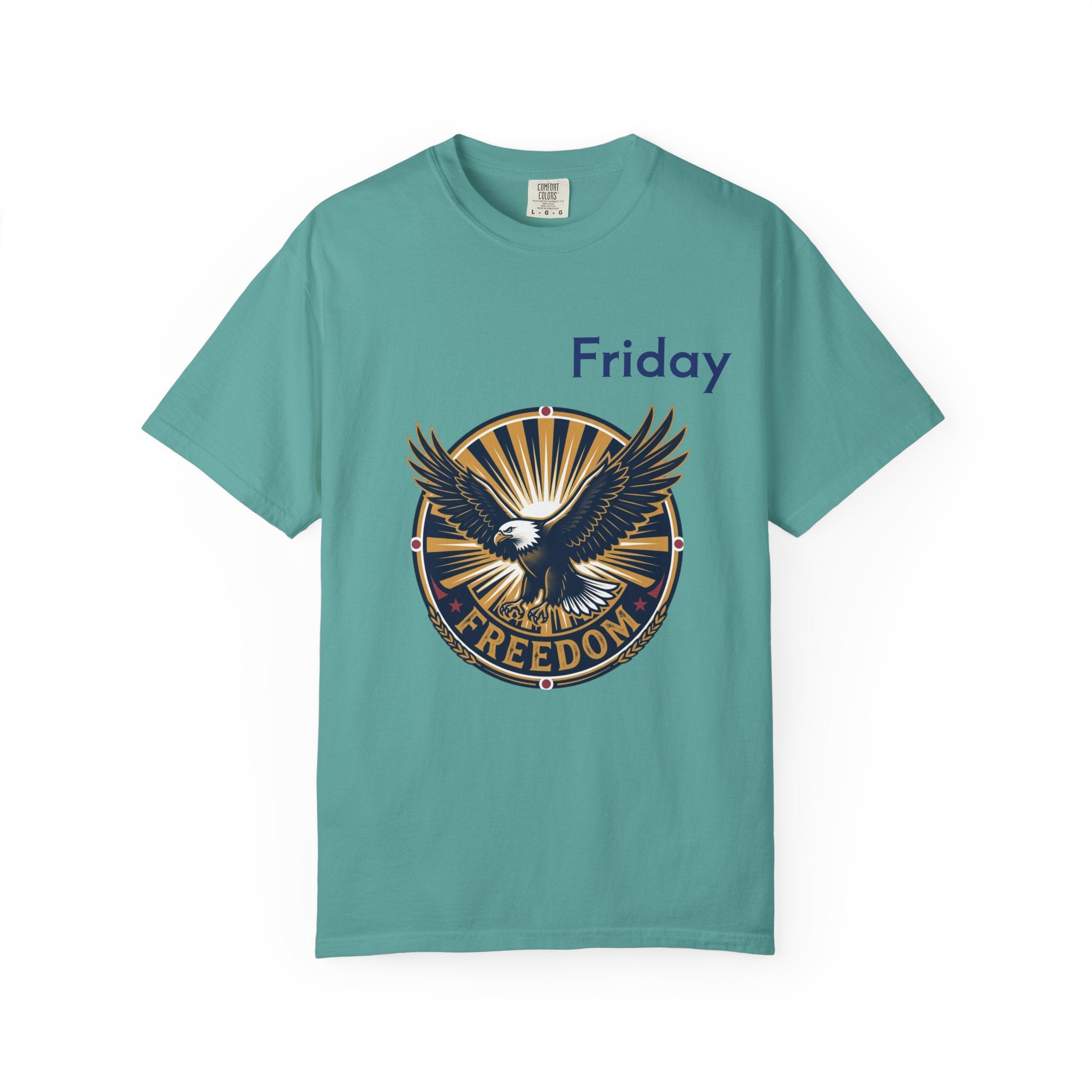 Freedom Eagle emblem T-shirt | Friday text, patriotic vintage badge
