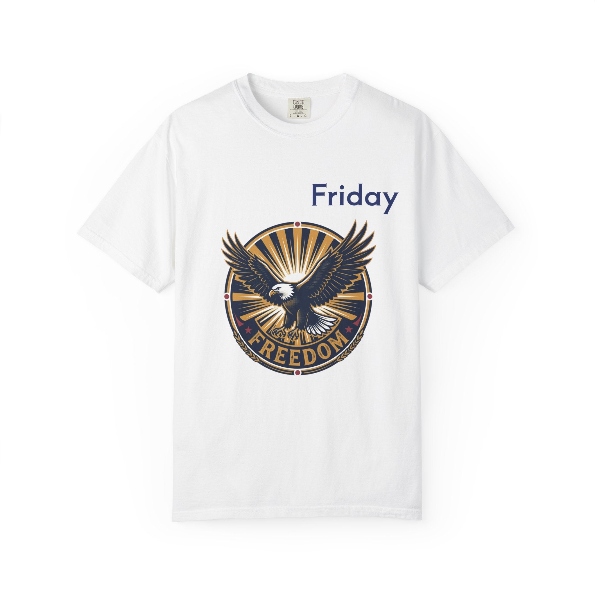 Freedom Eagle emblem T-shirt | Friday text, patriotic vintage badge