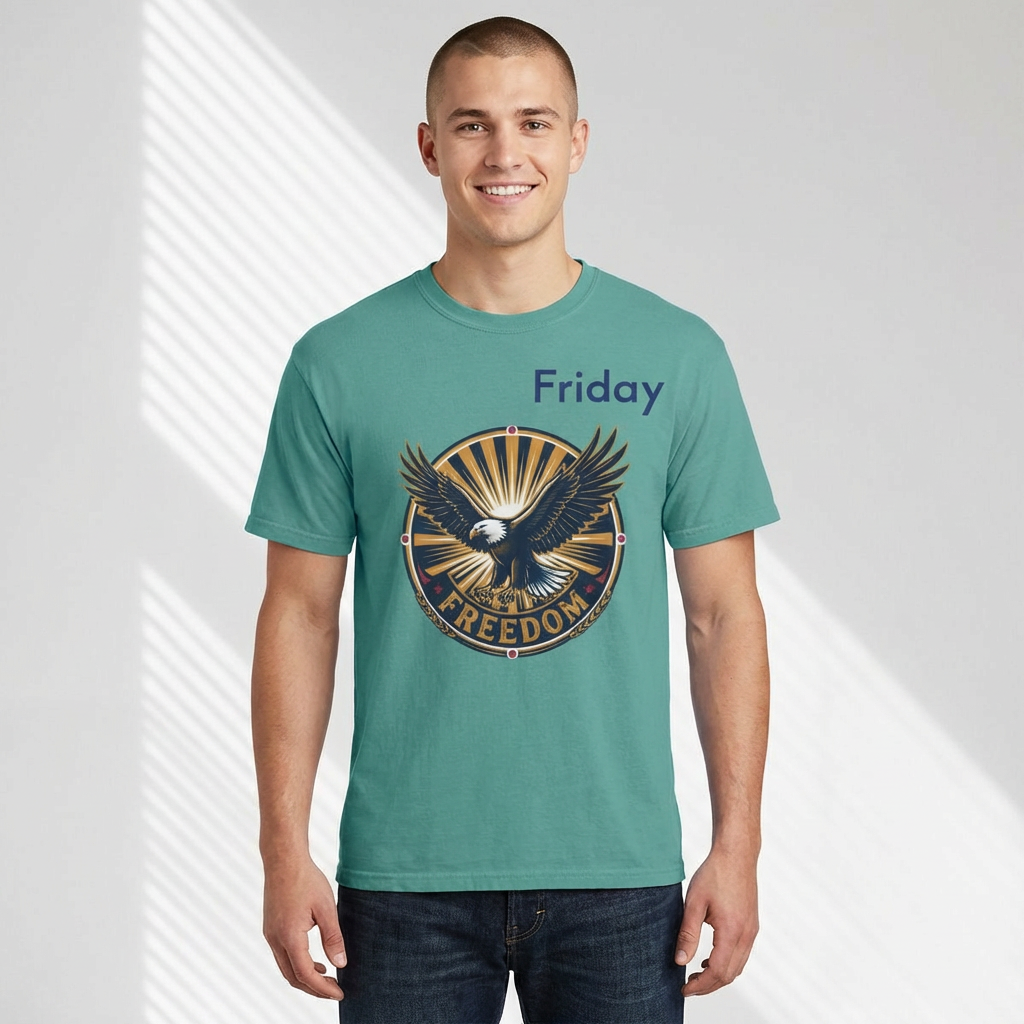 Freedom Eagle emblem T-shirt | Friday text, patriotic vintage badge