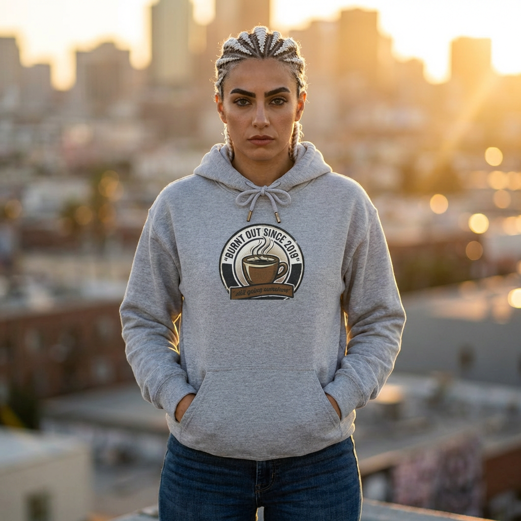 Hoodie — 'Burnt Out Since 2019' Coffee Mug Comfort Pullover