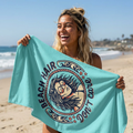 Beach Towel — "Beach Hair Don't Care" Retro Mermaid Graphic
